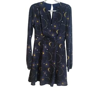 CAARA Blue Celestial Moon Star Print Smocked Mini Dress Small Bar Detail NEW